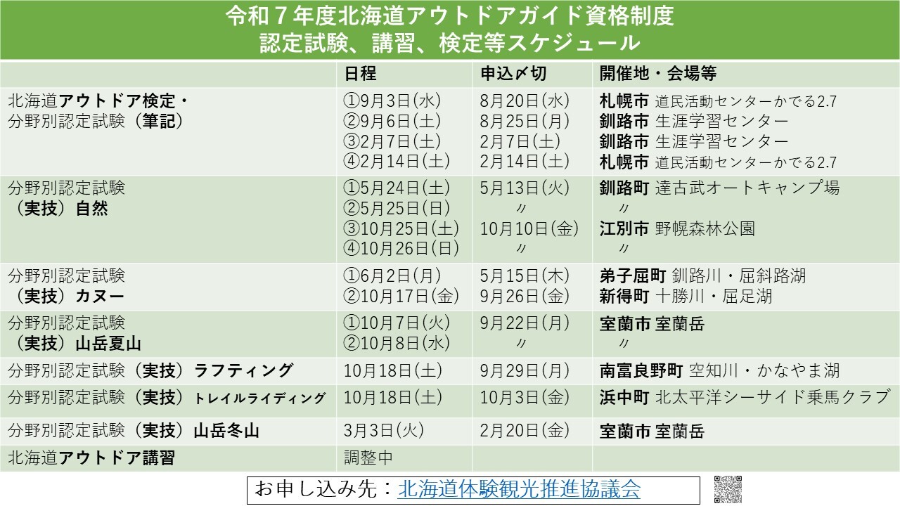 令和７年度 北海道アウトドアガイド資格制度等に係る講習・検定・実技試験の日程について