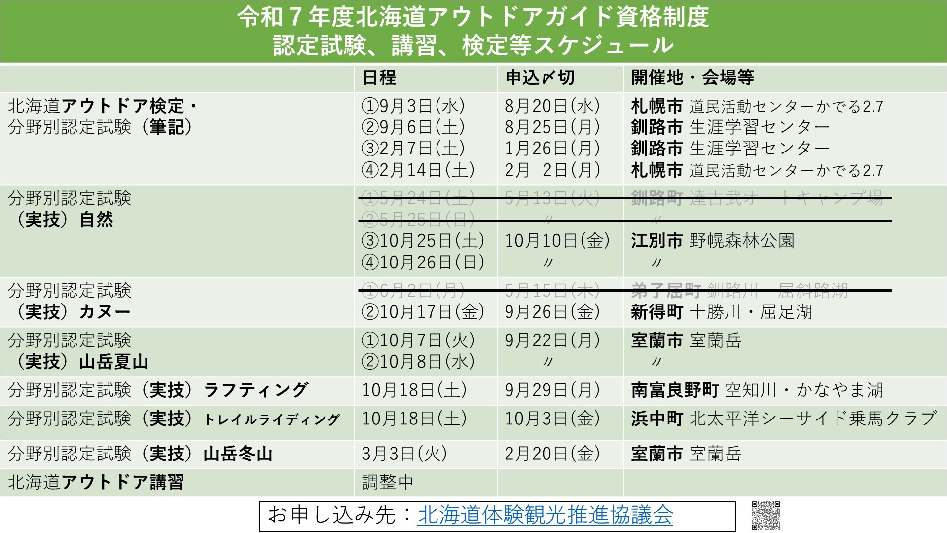 令和７年度 北海道アウトドアガイド資格制度等に係る講習・検定・実技試験の日程について