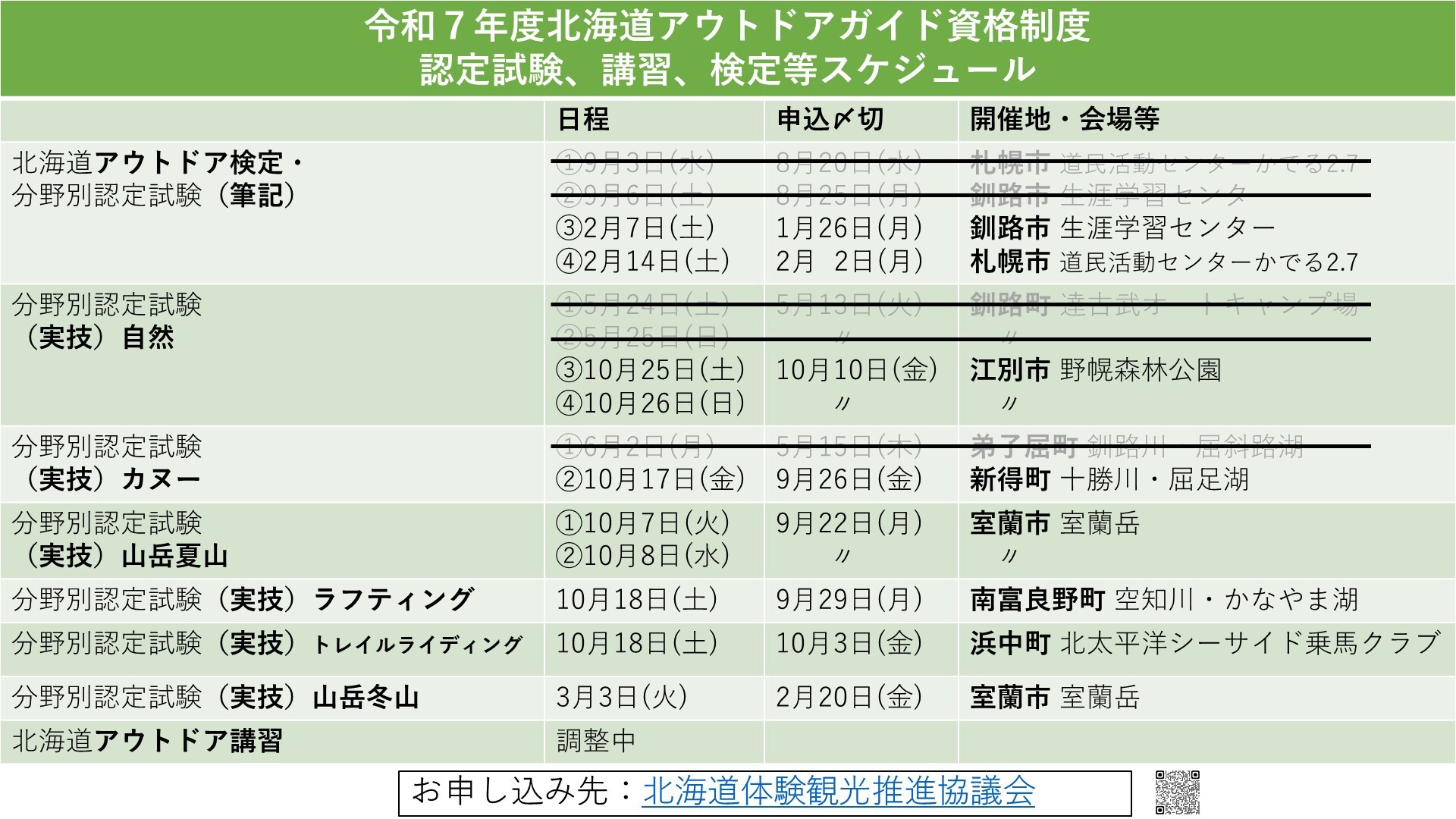 令和７年度 北海道アウトドアガイド資格制度等に係る講習・検定・実技試験の日程について