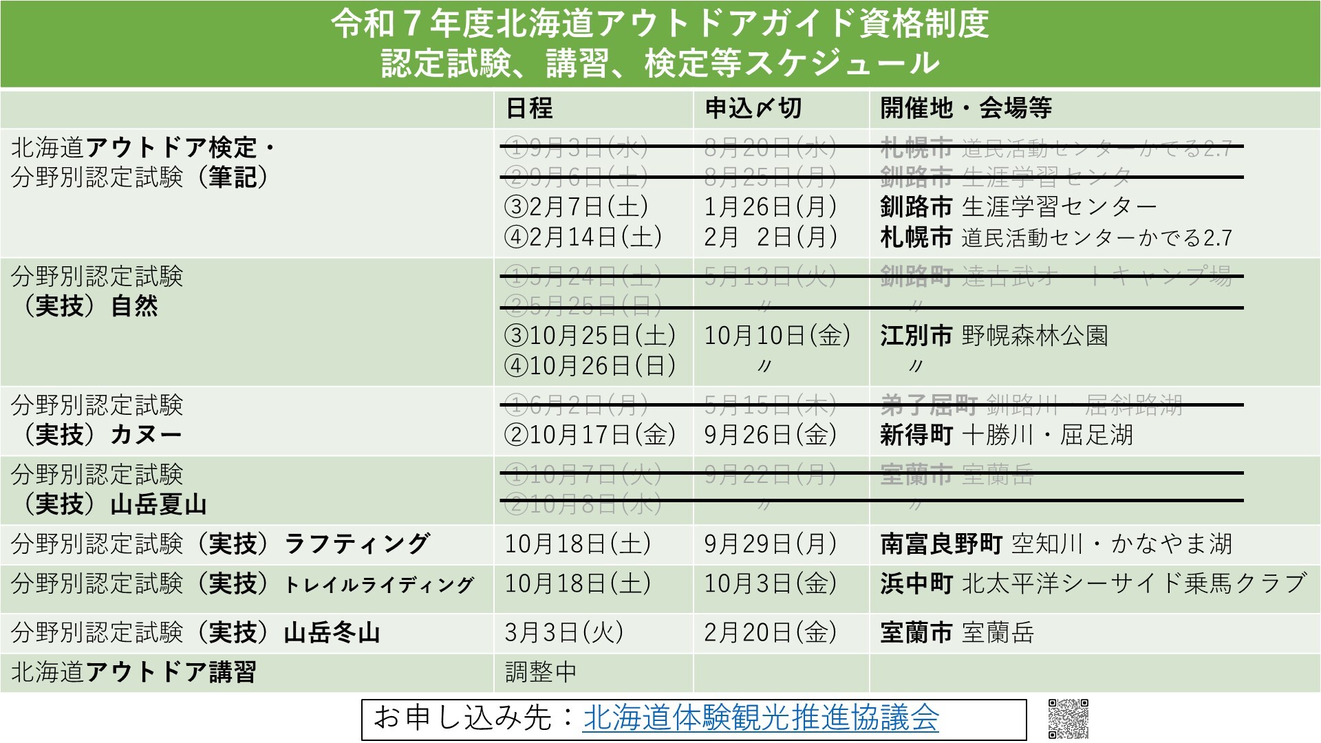 令和７年度 北海道アウトドアガイド資格制度等に係る講習・検定・実技試験の日程について