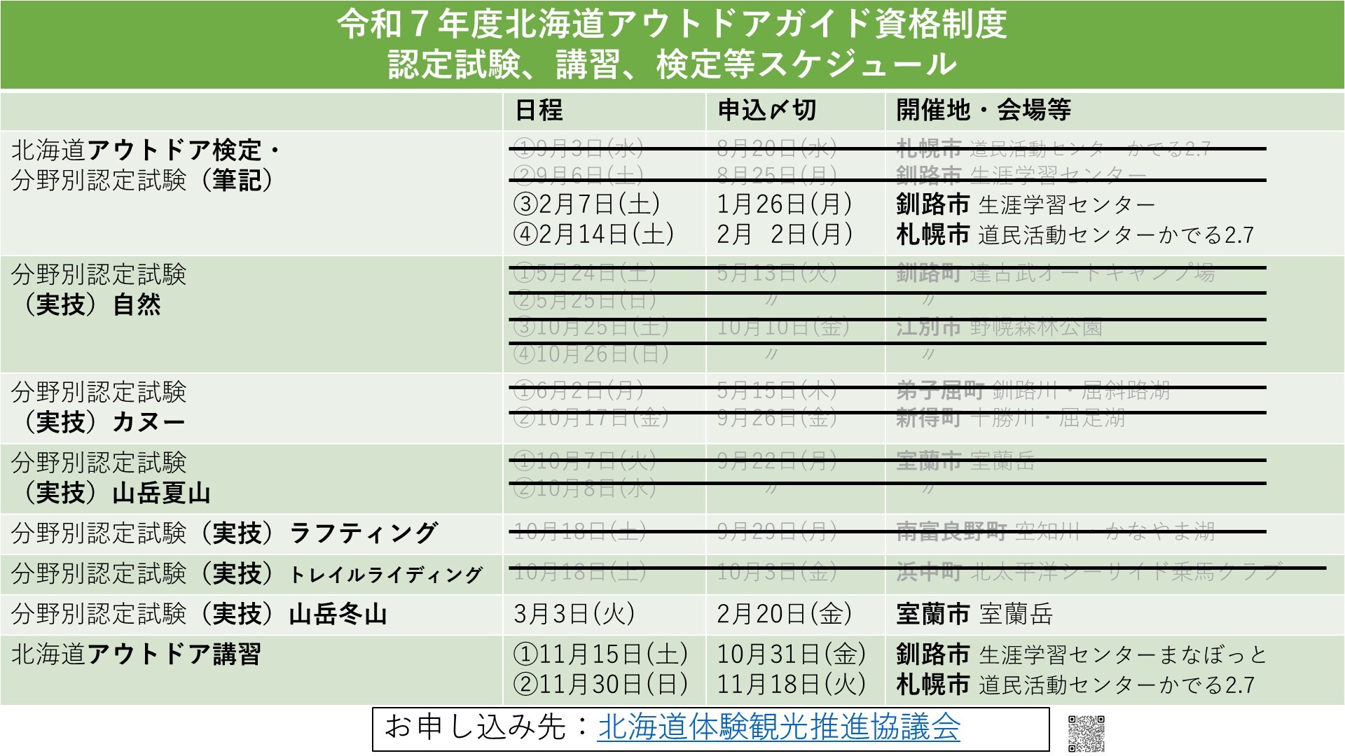 令和7年度 北海道アウトドアガイド資格制度等に係る講習・検定・実技試験の日程について