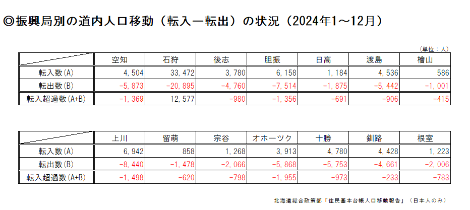振興局別の道内人口移動(転入ー転出)の状況(2024年1~12月)(表).png