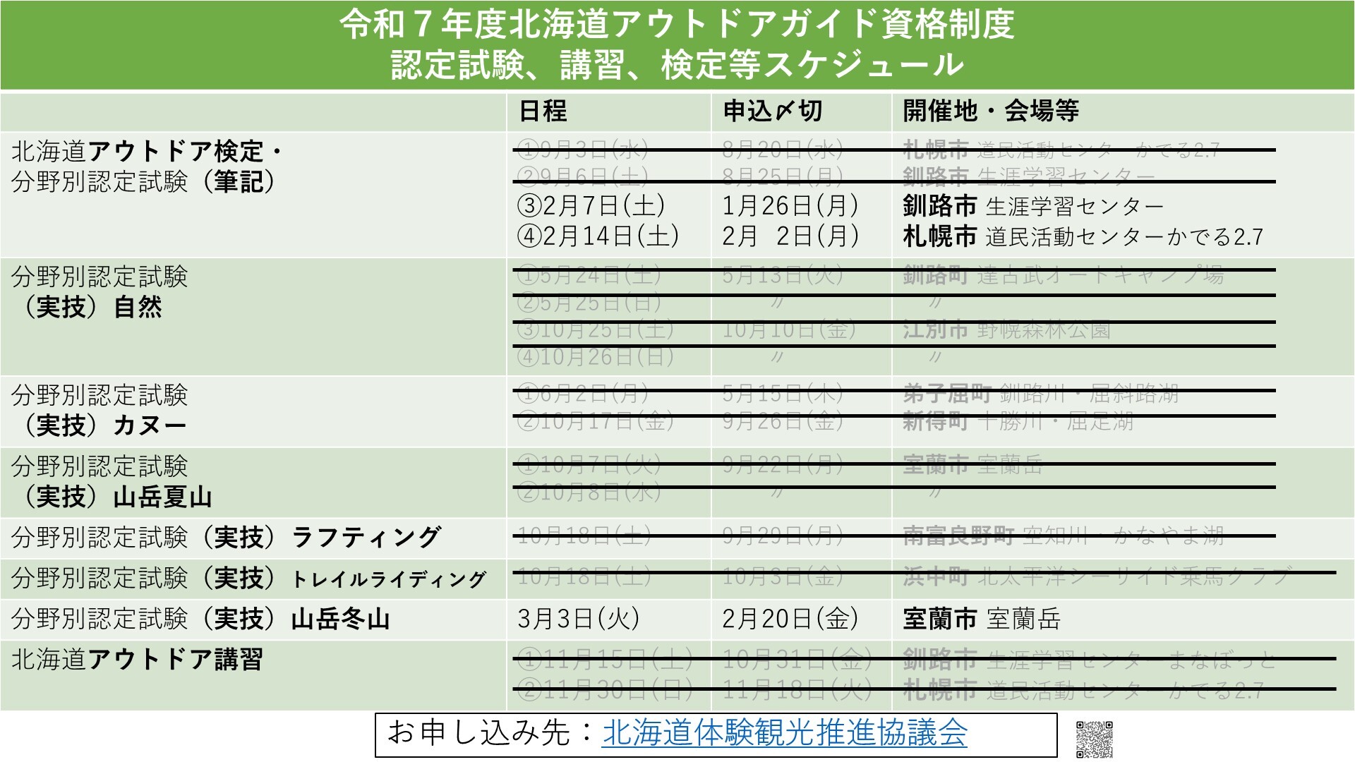 令和７年度 北海道アウトドアガイド資格制度等に係る講習・検定・実技試験の日程について