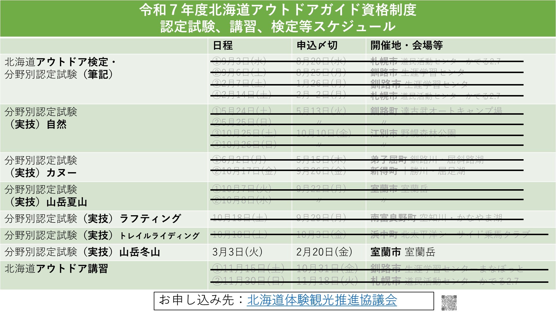 令和7年度 北海道アウトドアガイド資格制度等に係る講習・検定・実技試験の日程について